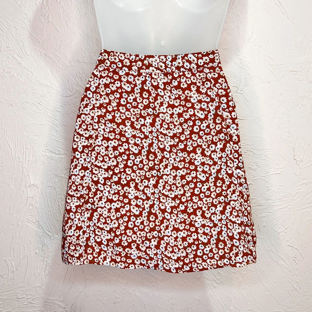 Rust Floral Mini Button Down Skater Skirt Womens 9 Floaty Casual Fall - Picture 5 of 8